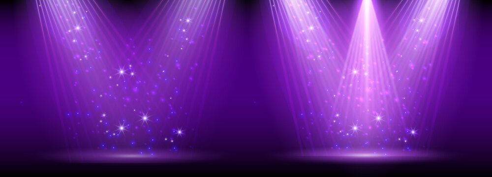 Purple Spotlight. Set Of Bright Lighting With Spotlights Of The Stage With Purple Ducst On Transparent Background.