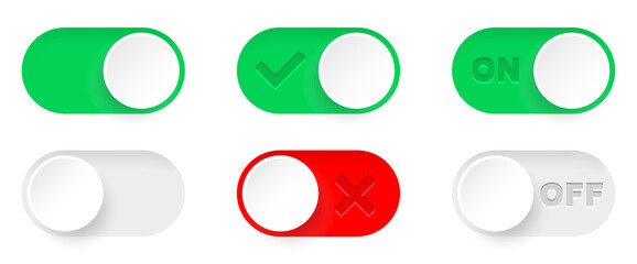 On and Off toggle switch buttons. Switch toggle buttons ON OFF. Material design switch buttons set. Vector illustration.