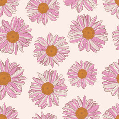 Seamless pattern of white and pink daisies with a yellow center on white linen color background. Decorative print for wallpapers, wrappings, textiles, fashion fabrics or other printable covers.
