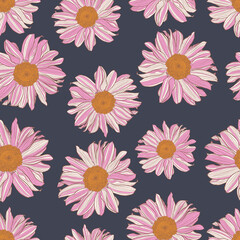 Seamless pattern of white and pink daisies with yellow center on charcoal color background. Decorative print for wallpapers, wrappings, textiles, fashion fabrics or other printable covers. 