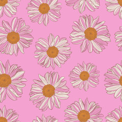 Seamless pattern of white and pink daisies with yellow center on pink background. Decorative print for wallpapers, wrappings, textiles, fashion fabrics or other printable covers. 