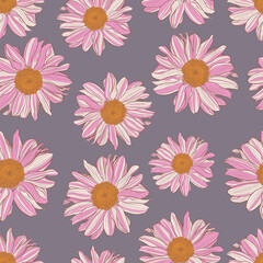 Seamless pattern of white and pink daisies with a yellow center on old lavender color background. Decorative print for wallpapers, wrappings, textiles, fashion fabrics or other printable covers.