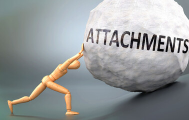 Attachments and painful human condition, pictured as a wooden human figure pushing heavy weight to show how hard it can be to deal with Attachments in human life, 3d illustration