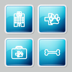 Set line Veterinary medicine hospital, clinic, Pet first aid kit and Dog bone icon. Vector