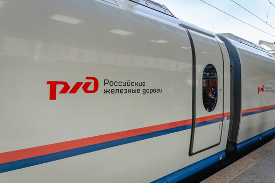 Saint Petersburg, Russia - May 2019: Russian Railways train at the platform in Saint Petersburg Moscau train station. Russian Railways is a Russian state-owned railway. 