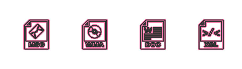 Set line MSG file document, DOC, WMA and XSL icon. Vector