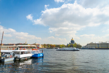 Saint Petersburg, Russia - May 2019:  Saint Petersburg river view of Neva river, boats and...