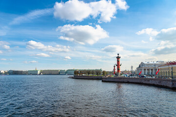 Saint Petersburg, Russia - May 2019:  Rostral column by Neva river in Saint Petersburg city center...