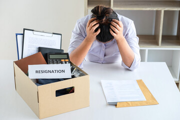 Stress of business woman employee intend to sending resignation letter to boss employer consider in...