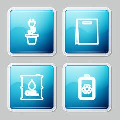 Set line Electric saving plug in pot, Shopping bag, Oil barrel and Battery with recycle icon. Vector