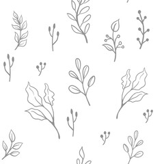 Floral doodle elements seamless texture. Hand drawn decorative leaves and wreaths texture background. Tree branches with leaf illustrations.