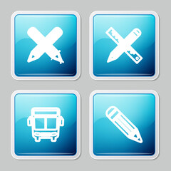 Set line Crossed pencil, ruler and, Bus and Pencil icon. Vector