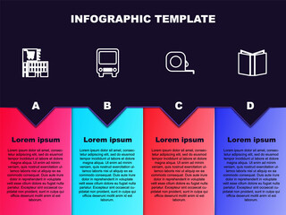 Set line Mall or supermarket building, Bus, Roulette construction and Open book. Business infographic template. Vector