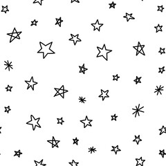 Hand drawn stars seamless pattern. Monochrome texture background of star doodle illustrations.