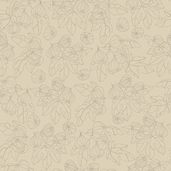 Seamless pattern. Fig tree branches with fruit. Outlined vector illustration on beige background