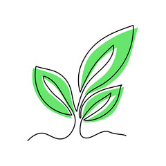 Sprout with leaves, one continuous line, line art, concept for Earth Day, Environment Day, ecology