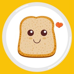 PrintKawaii bread for breakfast. Slices of cute wheat bread isolated on yellow background. Bread vector illustration.