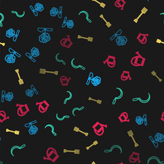 Set line Planting tree in the ground, Sickle, Garden pitchfork and Watering can on seamless pattern. Vector