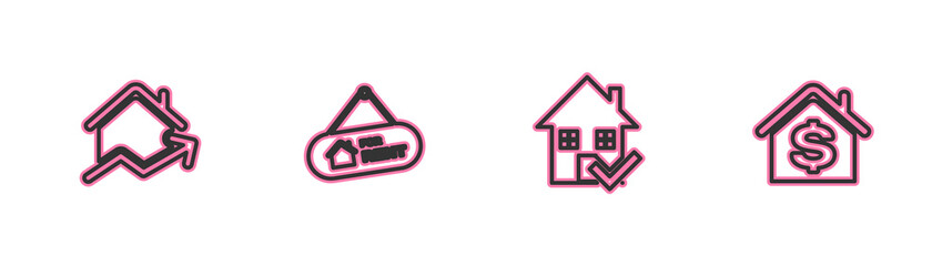 Set line Rising cost of housing, House with check mark, Hanging sign For Rent and dollar icon. Vector