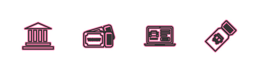 Set line Museum building, Online car sharing, Ticket and Bus ticket icon. Vector