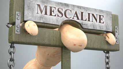 Mescaline that affect and destroy human life - symbolized by a figure in pillory to show Mescaline's effect and how bad, limiting and negative impact it has, 3d illustration - obrazy, fototapety, plakaty