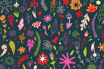 Doodle style background. Summer mood. Vector Illustration for fashion packaging, cards, interior, items. Plants on blue background design.