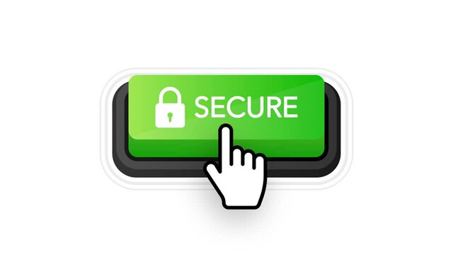 Secure green 3D button on white background. Motion graphics.