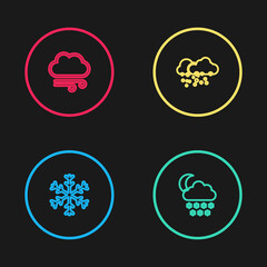 Set line Snowflake, Cloud with snow and moon, and Windy weather icon. Vector