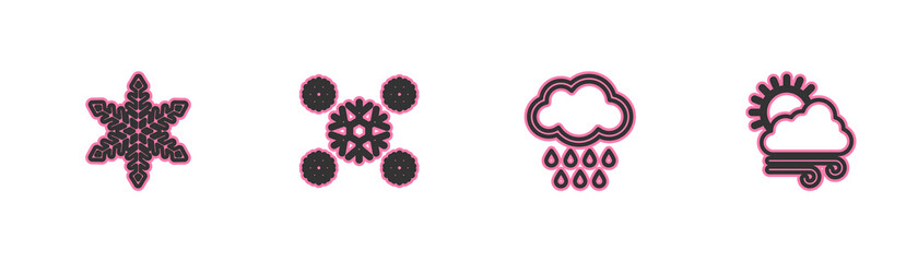 Set line Snowflake, Cloud with rain, and Windy weather icon. Vector