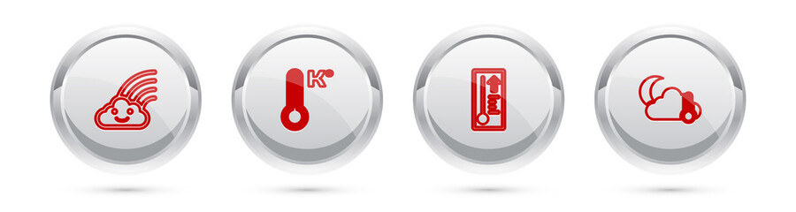 Set line Rainbow with cloud, Meteorology thermometer, and Thermometer and moon. Silver circle button. Vector