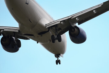 The plane with the landing gear released in the air close-up. Copy space.