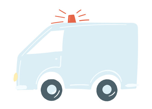 lorry van in blue. isolated car with siren. emergency car. hand drawn cartoon style, vector illustration.