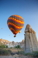 Flying hot air balloon in Turkey Cappadocia, Love Valley