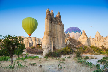 Flying hot air balloon in Turkey Cappadocia, Love Valley