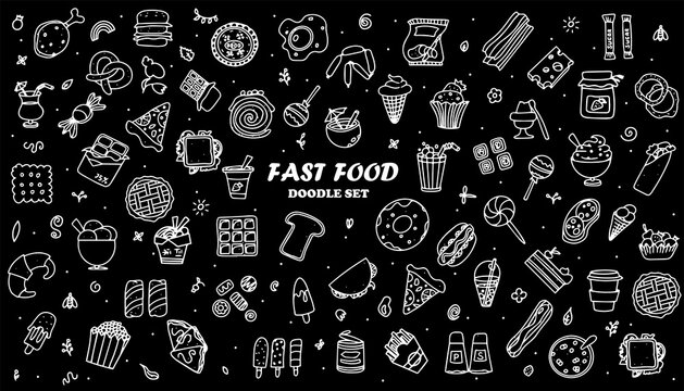 Doodle food set of 50 various fast-food products. Hand-drawn sweets, desserts, snacks, popcorn, American food and English breakfast. A big set of cartoon food illustrations.