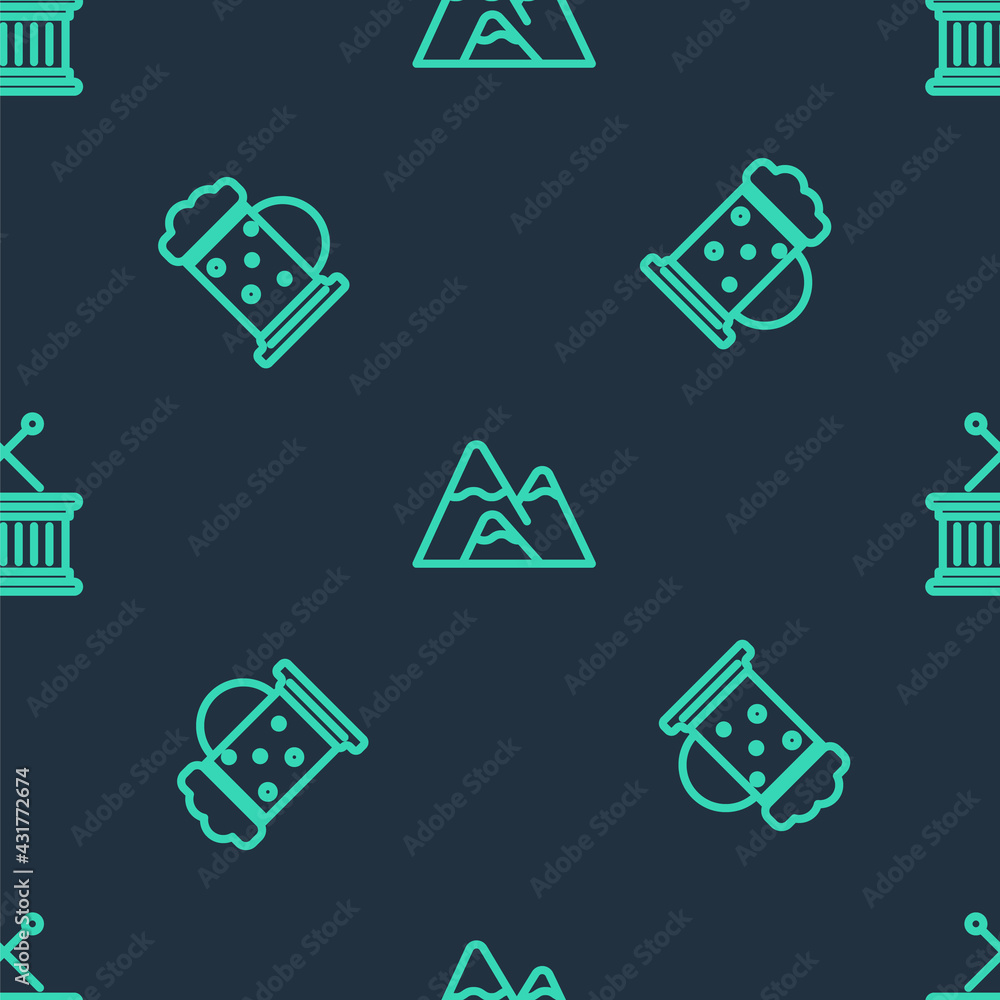 Wall mural Set line Mountains, Wooden beer mug and Musical drum and sticks on seamless pattern. Vector