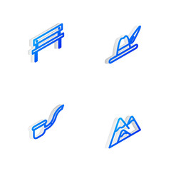 Set Isometric line Oktoberfest hat, Bench, Smoking pipe and Mountains icon. Vector