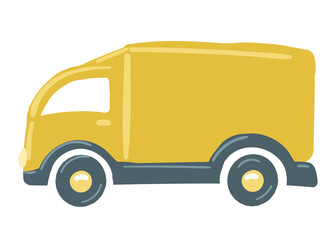 a truck with a yellow body. isolated car. hand drawn cartoon style, vector illustration. cargo transportation van