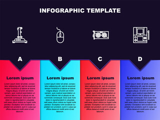 Set line Joystick for arcade machine, Computer mouse, Video graphic card and Portable video game console. Business infographic template. Vector