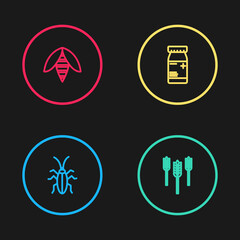 Set line Cockroach, Wheat, Medicine bottle and pills and Bee icon. Vector