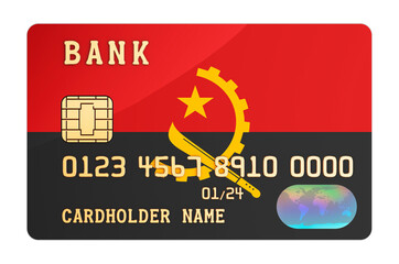Bank credit card featuring Angolan flag. National banking system in Angola concept. 3D rendering