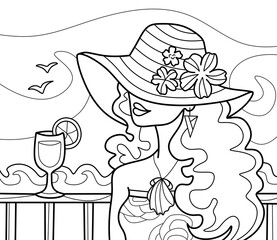 Coloring antistress page for adults 
and children. Summer girl.