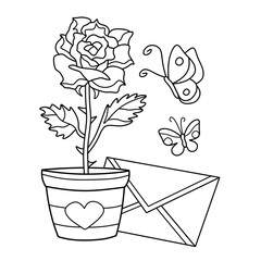 Coloring antistress page for adults 
and children. Rose in a pot, envelope and butterflies.