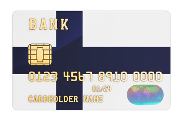 Bank credit card featuring Finnish flag. National banking system in Finland concept. 3D rendering