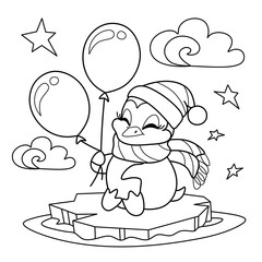 Coloring antistress page for adults 
and children. Penguin on an ice floe with balls.
