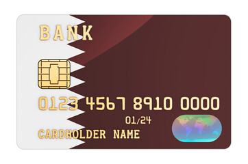 Bank credit card featuring Qatari flag. National banking system in Qatar concept. 3D rendering