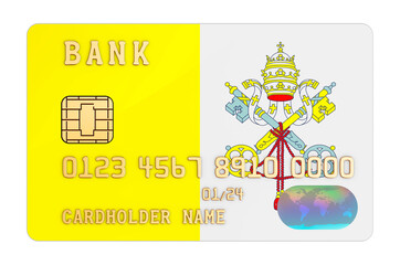 Bank credit card featuring Vatican flag. National banking system in Vatican concept. 3D rendering