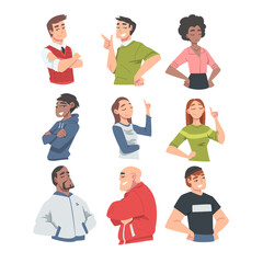 Fototapeta premium Confident People, Cheerful Young Women and Men Expressing Positive Emotions, Love Yourself Concept Cartoon Vector Illustration