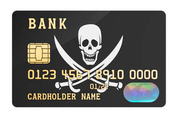 Plastic bank credit card featuring piracy flag, 3D rendering