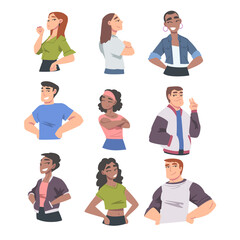 Confident People, Cheerful Young Women and Men Expressing Positive Emotions, Self Love, Self Pride, Acceptance, Esteem Cartoon Vector Illustration